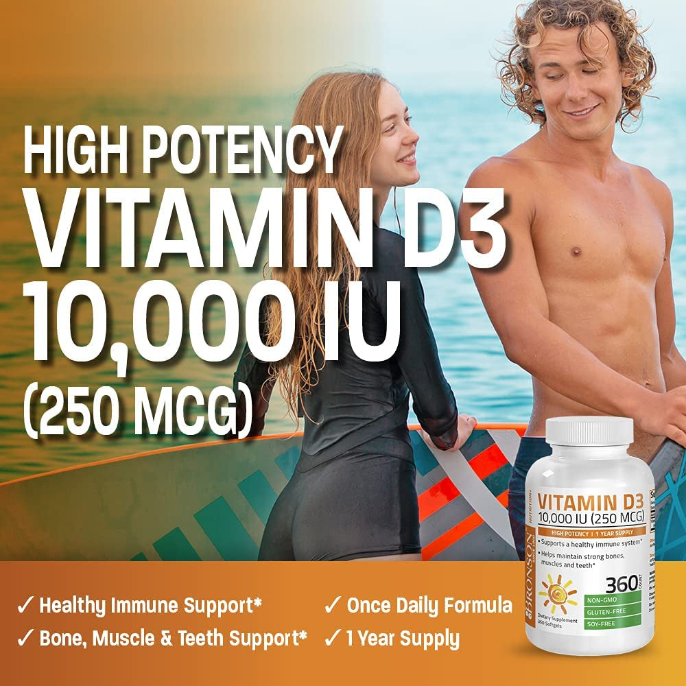 Bronson Vitamin D3 10,000 IU (250 Mcg) High Potency - Supports Healthy Immune System, Strong Bones, Muscles & Teeth - Non GMO, 360 Softgels (1 Year Supply)