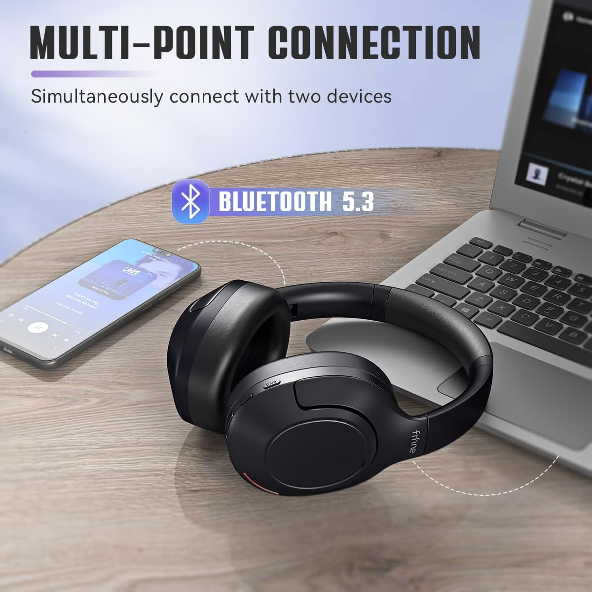 FIFINE Wireless Bluetooth Headphones, Over-Ear Noise Canceling Headphones with Soft Earmuffs, up to 65H Playtime for Music, Phone Calls, Sport Travel Headset for Iphone/Android/Tablet-X3 Black