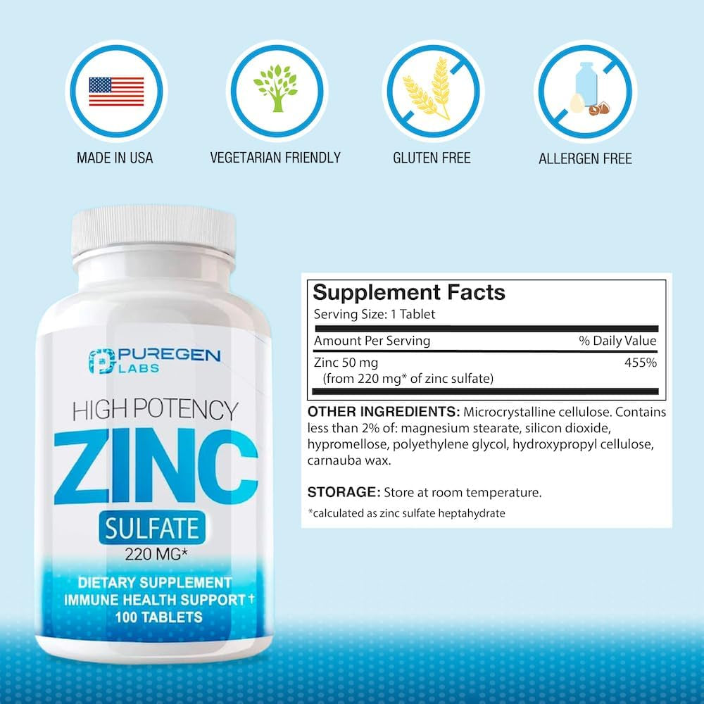 Zinc 220Mg [High Potency] Supplement – Zinc Sulfate for Immune Support System 100 Tablets