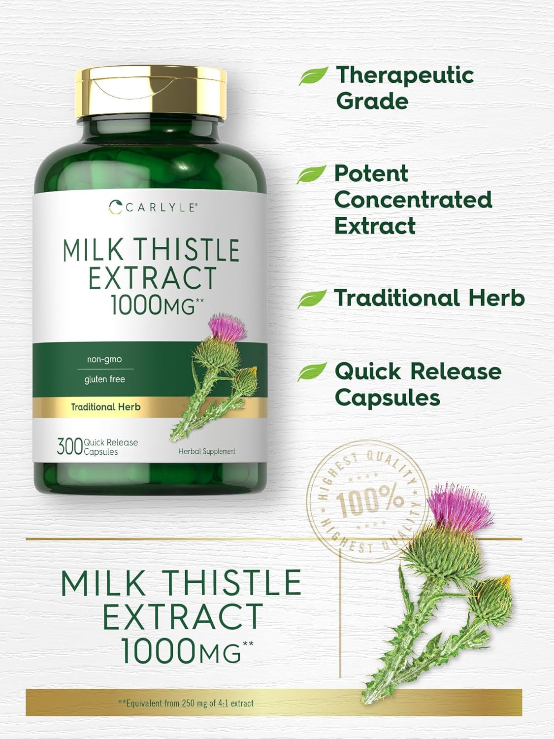 Carlyle Milk Thistle 1000Mg | 300 Capsules | Non-Gmo, Gluten Free Extract