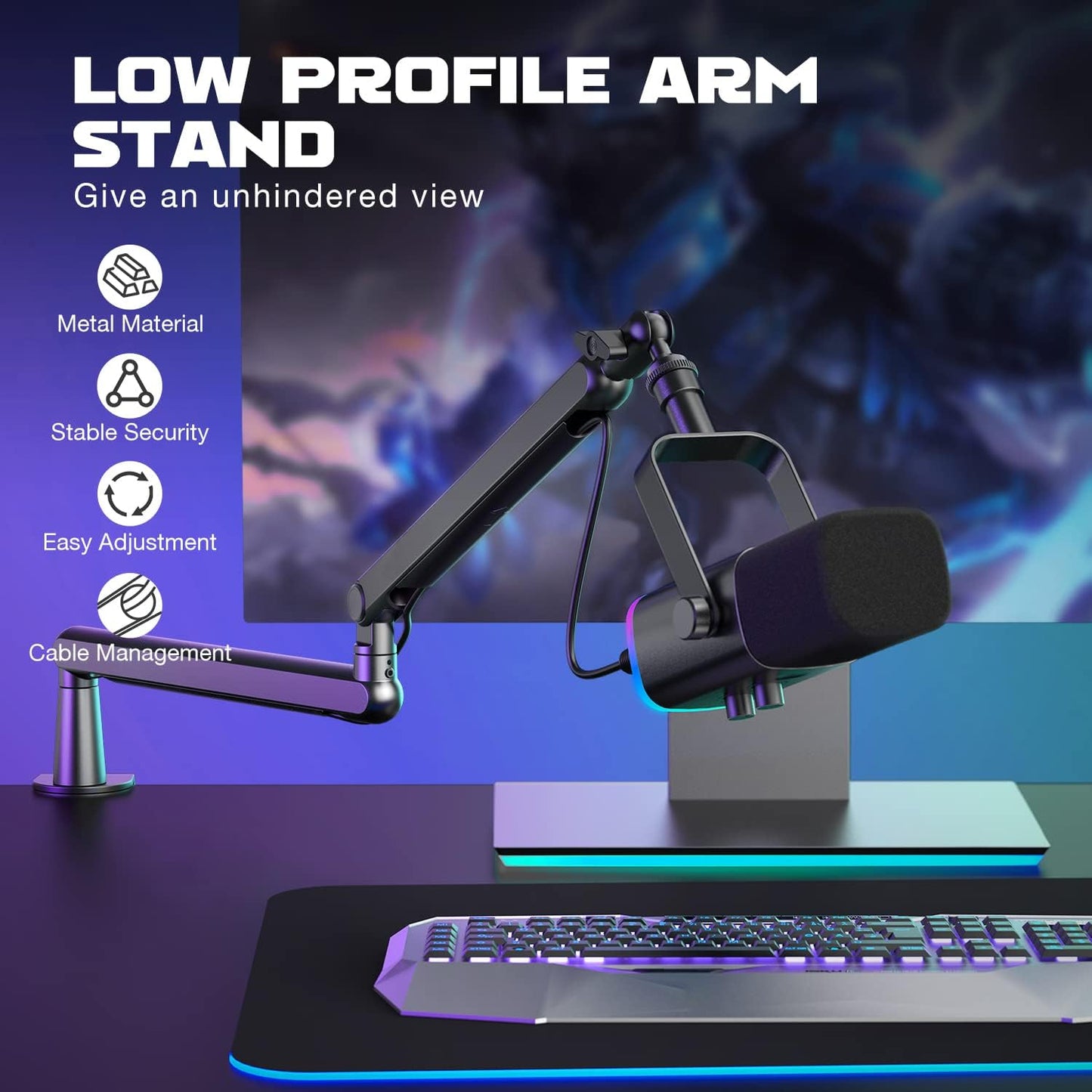 FIFINE Microphone Boom Arm, Low Profile Adjustable Stick Microphone Arm Stand with Desk Mount Clamp, Screw Adapter, Cable Management, for Podcast Streaming Gaming Studio-Bm88