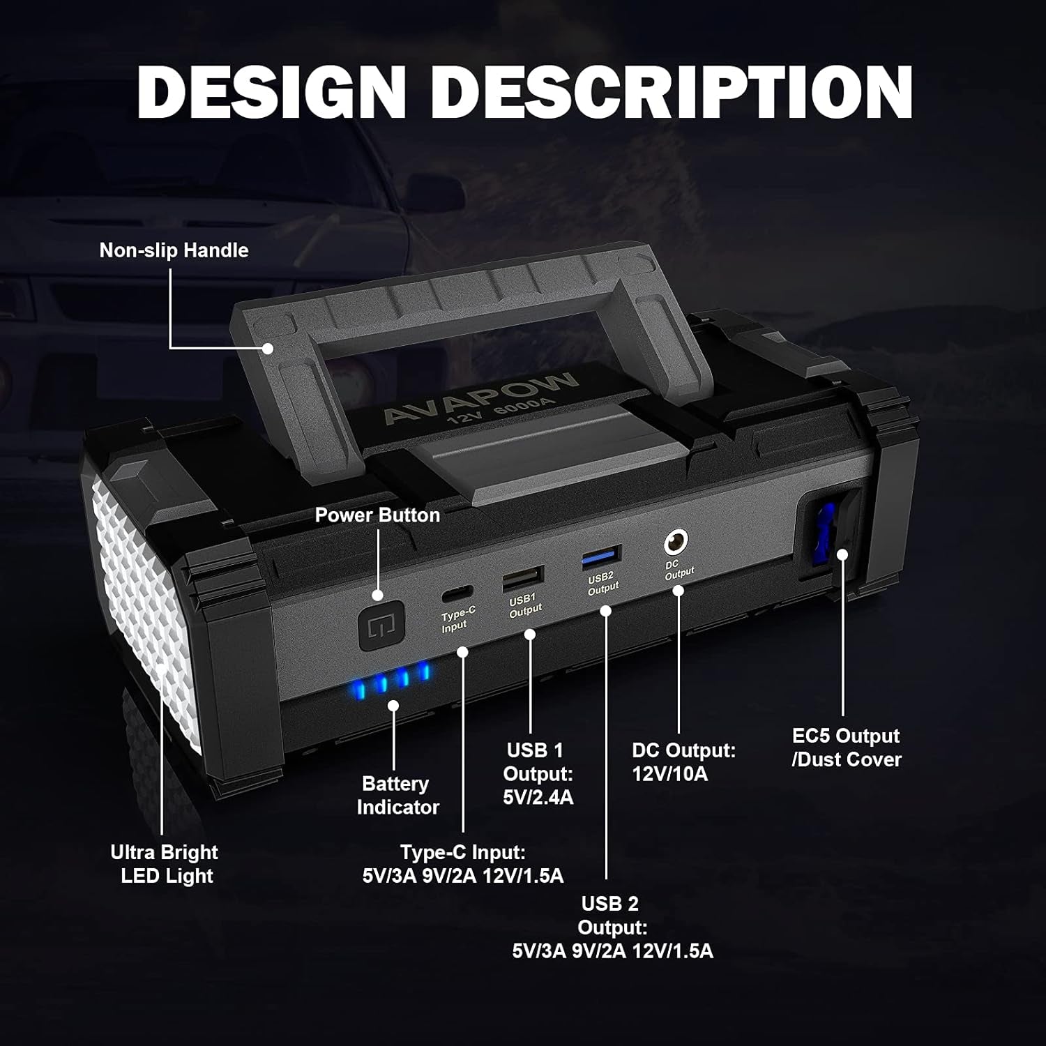 AVAPOW 6000A Car Battery Jump Starter(For All Gas or up to 12L Diesel) Powerful Car Jump Starter with Dual USB Quick Charge and DC Output,12V Jump Pack with Built-In LED Bright Light
