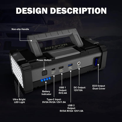 AVAPOW 6000A Car Battery Jump Starter(For All Gas or up to 12L Diesel) Powerful Car Jump Starter with Dual USB Quick Charge and DC Output,12V Jump Pack with Built-In LED Bright Light