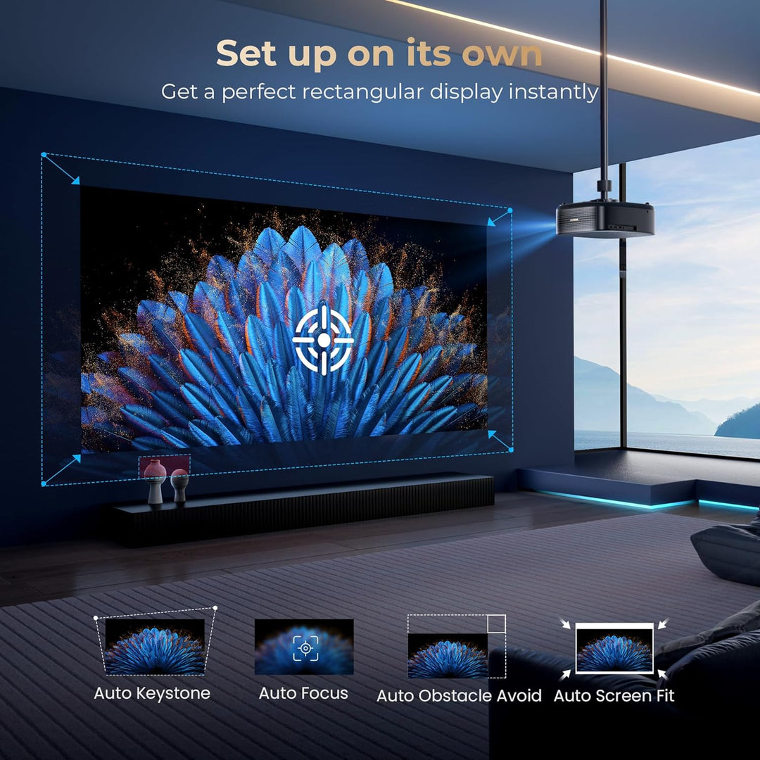 [1000 ANSI & Audio by DBX-TV] Alvar 4K Projector with Wifi 6 and Bluetooth, Netfiix Certified & Doiby Audio, Auto Focus and Auto Keystone Native 1080P Smart Projector with HDR10+, 30W Speakers, Black