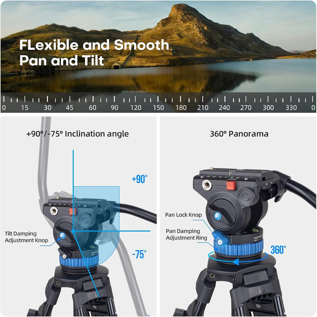 SIRUI AM-25S Video Tripod, 74.8" Professional Heavy Duty Tripod with Adjustable Damping Fluid Head for Camcorder, Cameras, DSLR, 360° Pan & +90°/-75° Tilt, Quick Release Plate, Max Load 22.0Lb