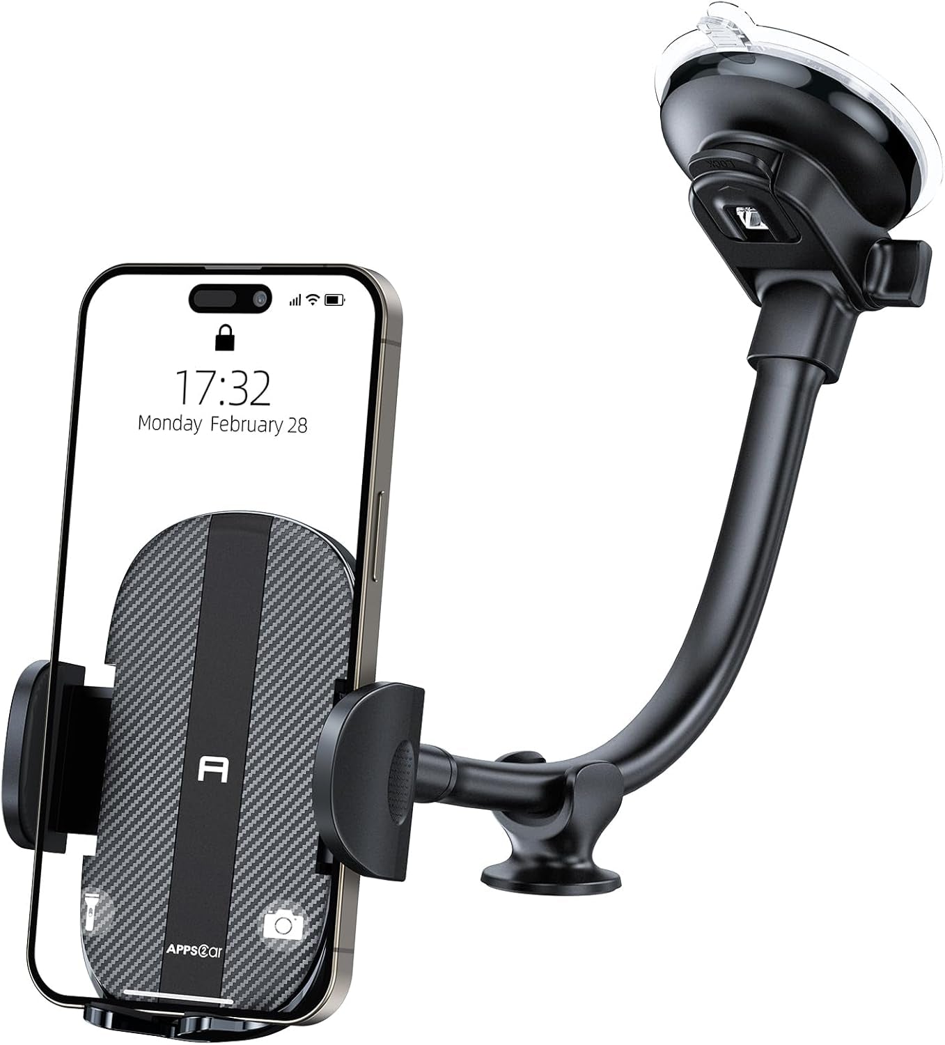 Apps2Car Cell Phone Holder for Car Dashboard Windshield Phone Mount for Car Long Arm Car Phone Holder Mount Strong Suction Cup Anti-Shake Stabilizer Compatible for Iphone, Samsung, All Smartphones