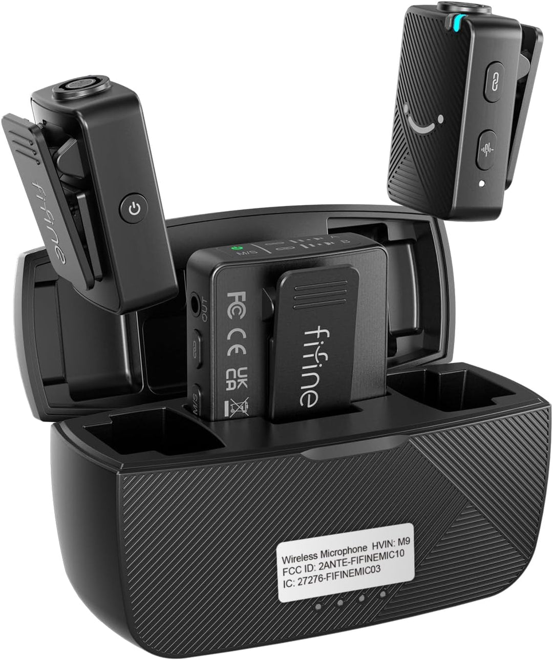 FIFINE Wireless Lavalier Microphone for Iphone/Android/Camera, 2 Pack Cordless Lapel Mic System for Vlog Recording Video Youtube/Tiktok Interview, Condenser Clip-On Microphone with Charging Case-M9