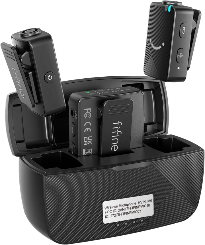 FIFINE Wireless Lavalier Microphone for Iphone/Android/Camera, 2 Pack Cordless Lapel Mic System for Vlog Recording Video Youtube/Tiktok Interview, Condenser Clip-On Microphone with Charging Case-M9