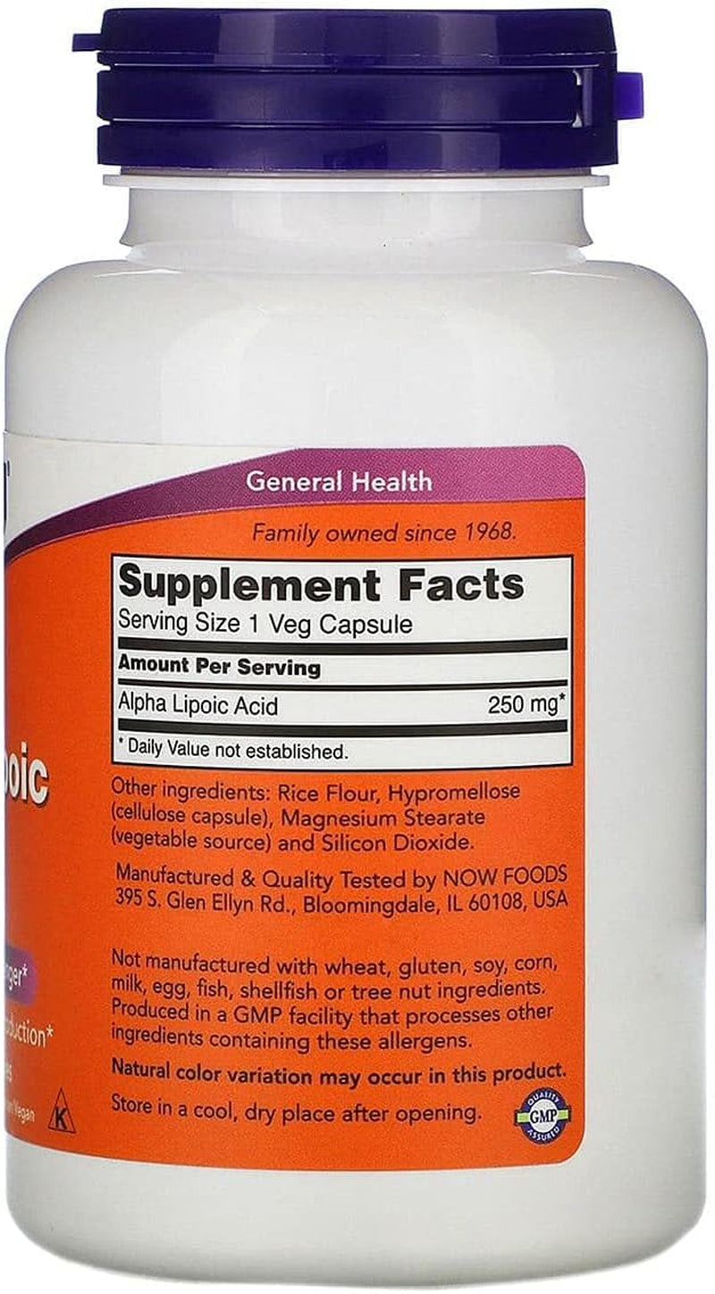 NOW Foods Supplements, Alpha Lipoic Acid 250 Mg, Supports Glutathione Production*, Free Radical Scavenger*, 120 Veg Capsules