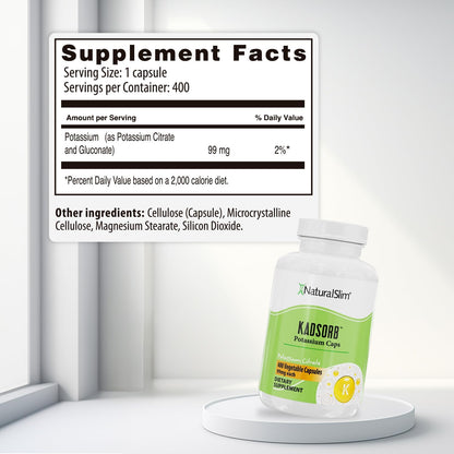 Naturalslim Kadsorb Natural Potassium Citrate - Supports Electrolyte Balance & Normal PH, Non-Gmo & Gluten-Free, Absorbable Potassium Supplement with Essential Minerals - 99 Mg 400 Capsules (Solo)