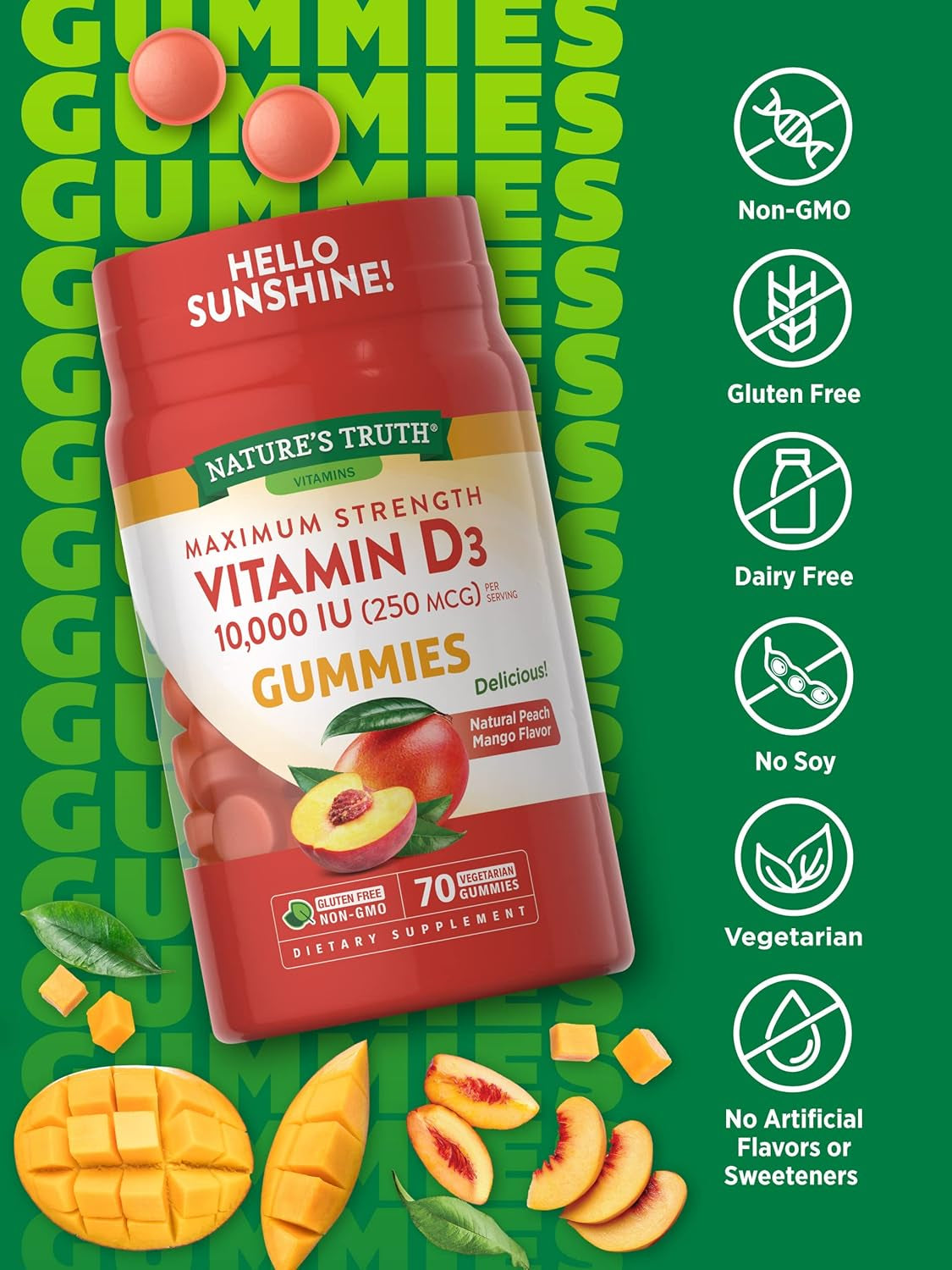 Nature'S Truth Vitamin D3 Gummies for Adults | 10000 IU | 70 Count | Peach Mango Flavor | Vegetarian, Non-Gmo & Gluten Free Supplement