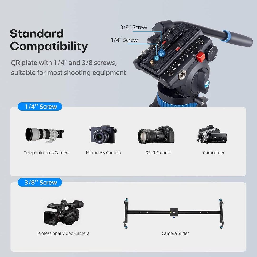 SIRUI AM-25S Video Tripod, 74.8" Professional Heavy Duty Tripod with Adjustable Damping Fluid Head for Camcorder, Cameras, DSLR, 360° Pan & +90°/-75° Tilt, Quick Release Plate, Max Load 22.0Lb
