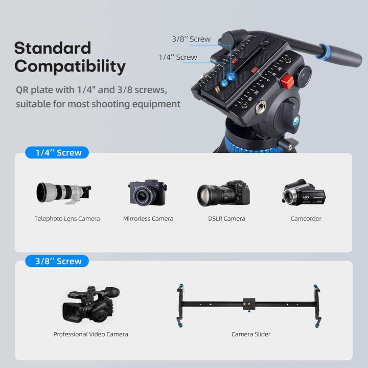 SIRUI AM-25S Video Tripod, 74.8" Professional Heavy Duty Tripod with Adjustable Damping Fluid Head for Camcorder, Cameras, DSLR, 360° Pan & +90°/-75° Tilt, Quick Release Plate, Max Load 22.0Lb