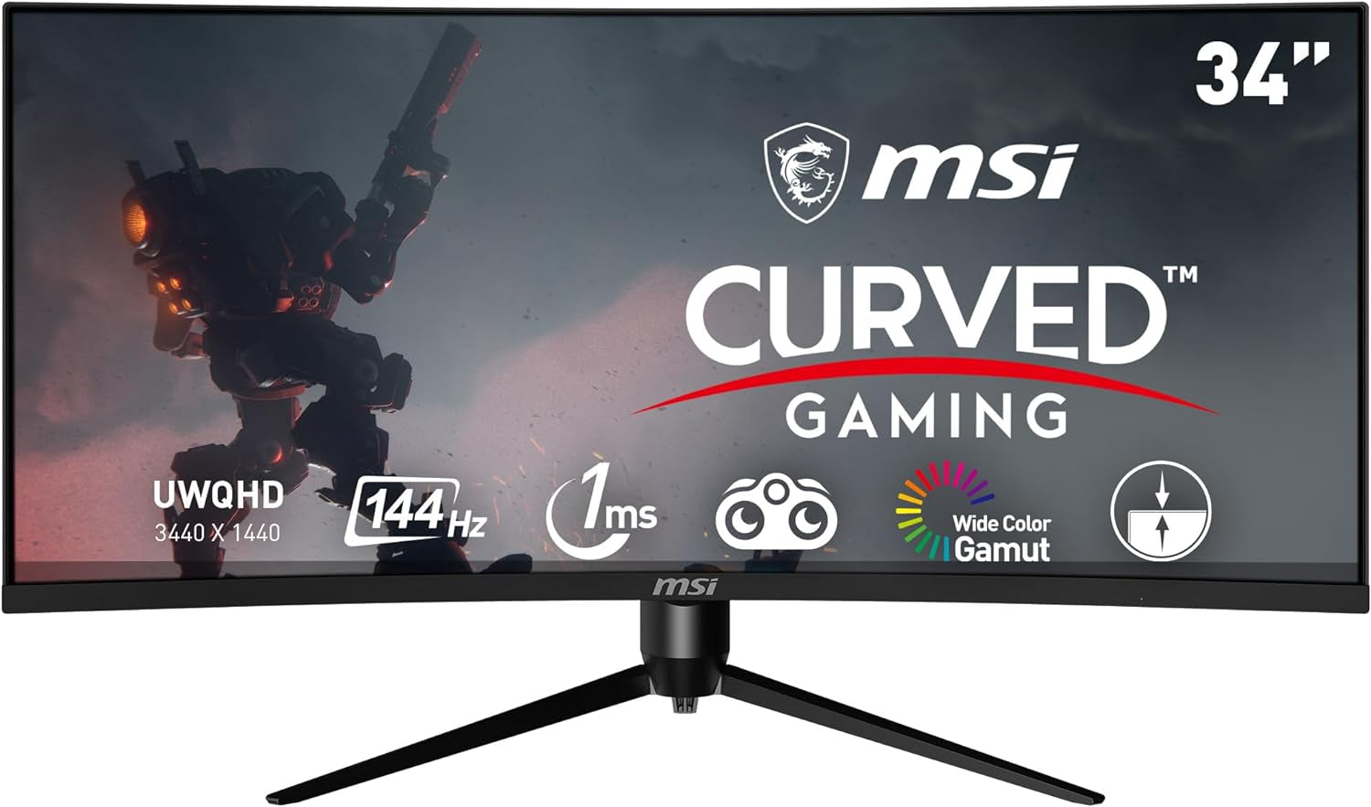 MSI Optix MAG342CQR 1500R Curvature 21:9 Aspect Ratio Narrow Bezel 1Ms 3440 X 1440 (UWQHD) 144Hz Refresh Rate Tilt/Swivel/Height/Pivot Adjustment 34" AMD Freesync Gaming Curved Monitor, Black