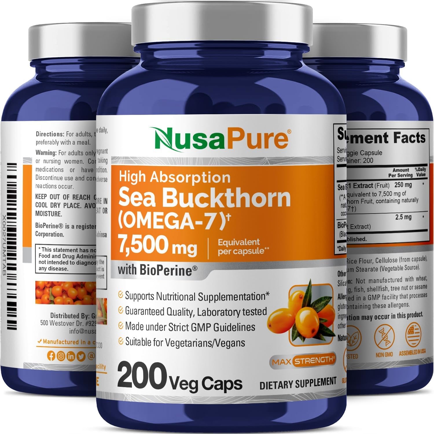 Nusapure Sea Buckthorn Omega-7 7500Mg per Veggie Powder Caps - 200 Count - Extract 30:1, Non-Gmo & Vegan