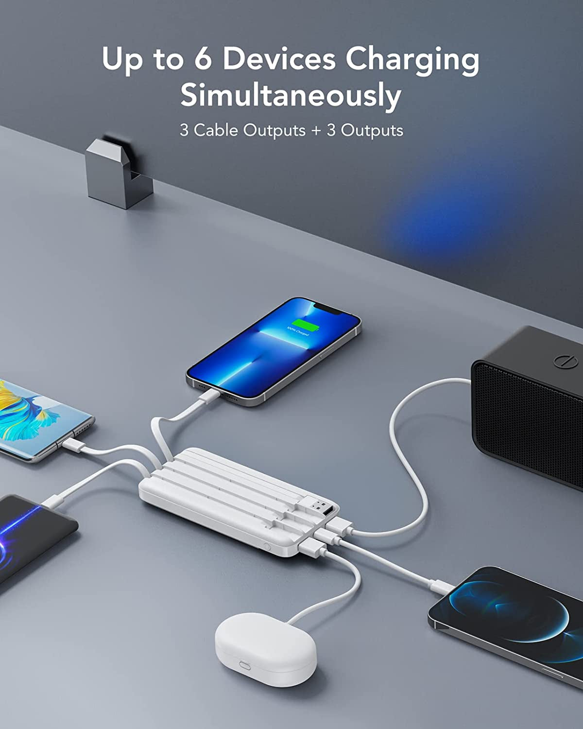 Portable Charger with Built in Cables, Portable Charger with Cords Wires Slim 10000Mah Travel Battery Pack 6 Outputs 3 Inputs 3A Fast Charging Power Bank for Samsung Google Pixel LG Moto Iphone Ipad