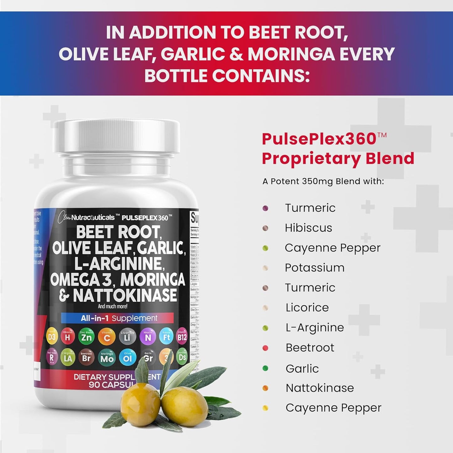 Beet Root Capsules 6000Mg Olive Leaf 6000Mg Nattokinase 4000 FU Garlic Extract 2000Mg L-Arginine 400Mg Omega 3 Red Yeast Rice Hibiscus Danshen - Healthy Support Supplement - 90 Ct