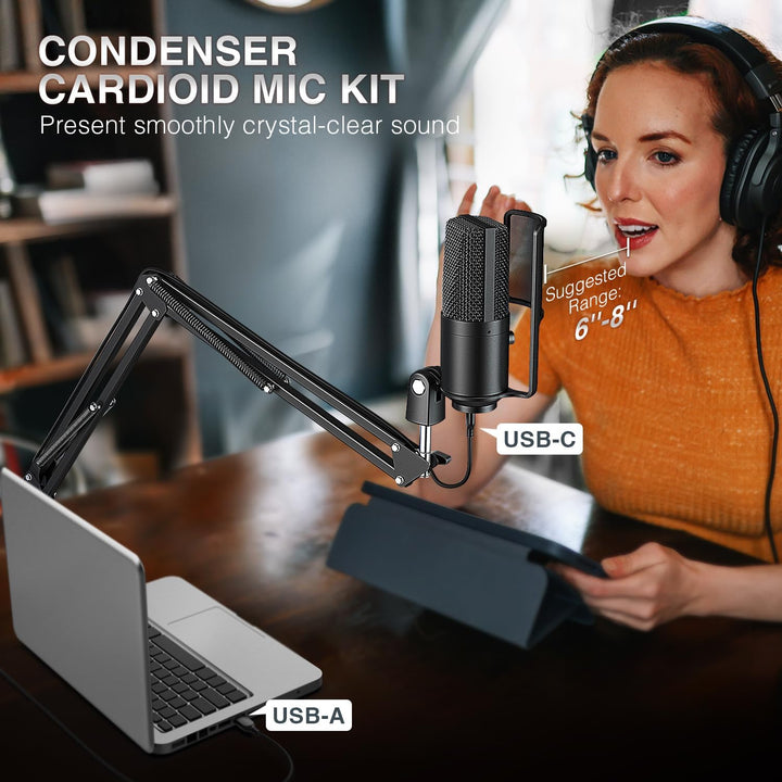 FIFINE USB Podcast Microphone, PC Computer Condenser Microphone Plug & Play Mic Kit with Boom Arm Stand, 16MM Large Diaphragm, Mute Button for Recording Singing Streaming Youtube Gaming-T669Pro1