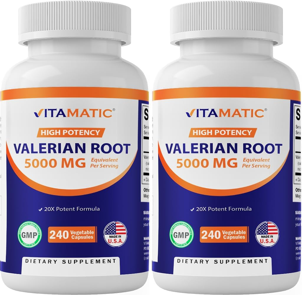 Vitamatic 2 Packs Valerian Root 5000 Mg Equivalent per Capsule - 20X Concentrated Extract from 20:1 250Mg - 240 Capsules