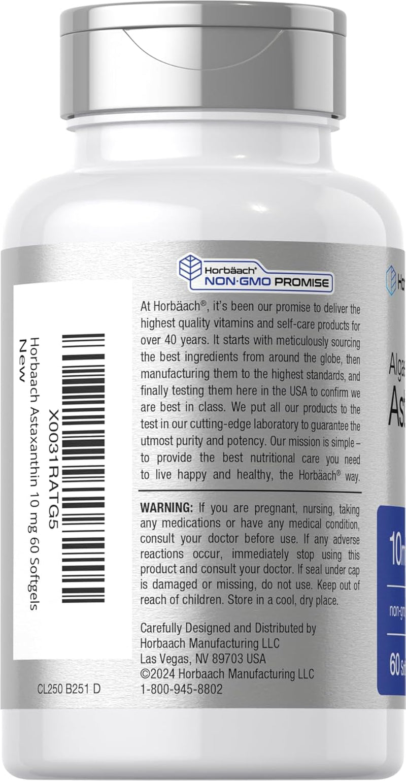 Horbäach Astaxanthin 10Mg | 60 Softgels | Algae Derived Formula | Non-Gmo, Gluten Free Supplement