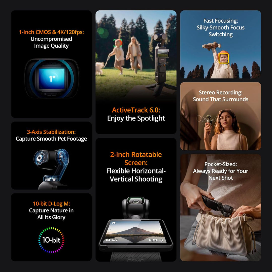 DJI Osmo Pocket 3, Vlogging Camera with 1'' CMOS & 4K/120Fps Video, 3-Axis Stabilization, Fast Focusing, Face/Object Tracking, 2" Rotatable Touchscreen, Digital Camera for Photography, Youtube