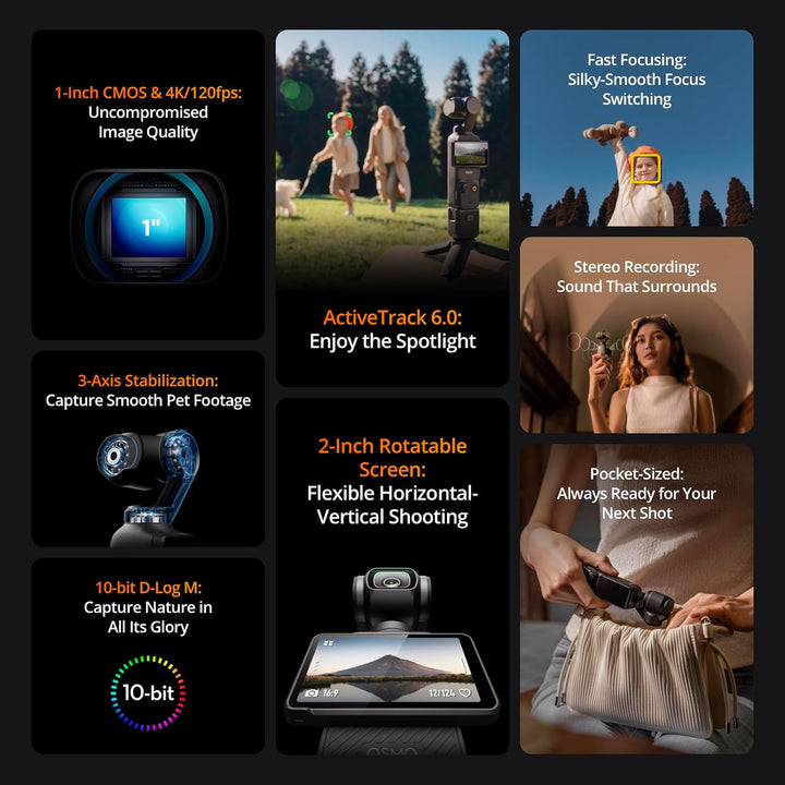 DJI Osmo Pocket 3, Vlogging Camera with 1'' CMOS & 4K/120Fps Video, 3-Axis Stabilization, Fast Focusing, Face/Object Tracking, 2" Rotatable Touchscreen, Digital Camera for Photography, Youtube