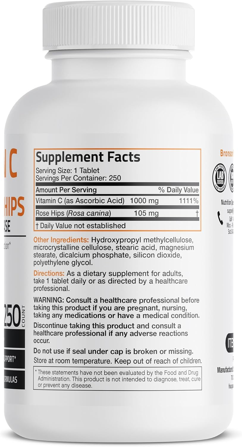 Bronson Vitamin C 1000 Mg with Rose HIPS Sustained Release, 250 Tablets