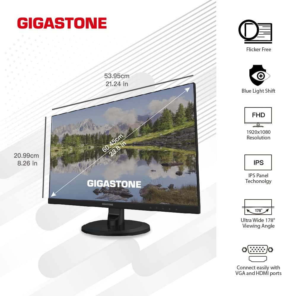 Gigastone 24 Inch IPS LED Back Light Monitor 75Hz FHD 1920 X 1080, 1080P 178° Wide View Frameless Computer Monitor 5Ms, Built-In Speakers, Eye Care Technology, Ergonomic Tilt VESA Mount, HDMI VGA