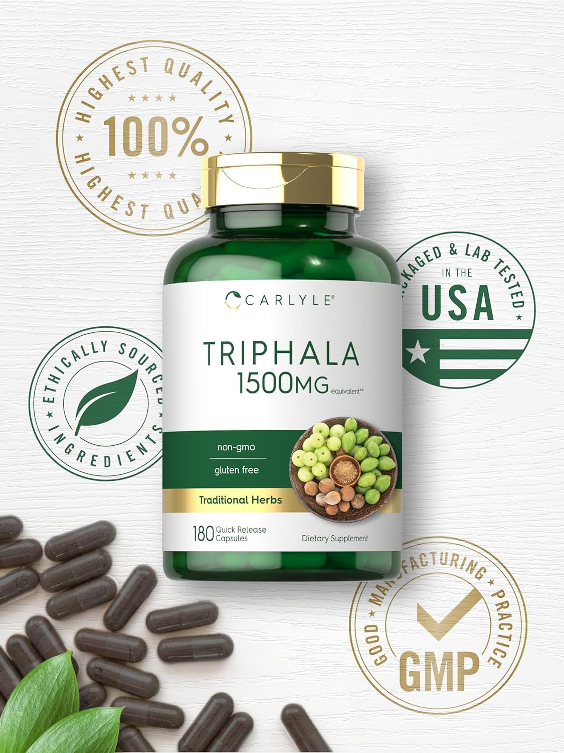 Carlyle Triphala Capsules | 1500Mg | 180 Count Supplement | Non-Gmo and Gluten Free