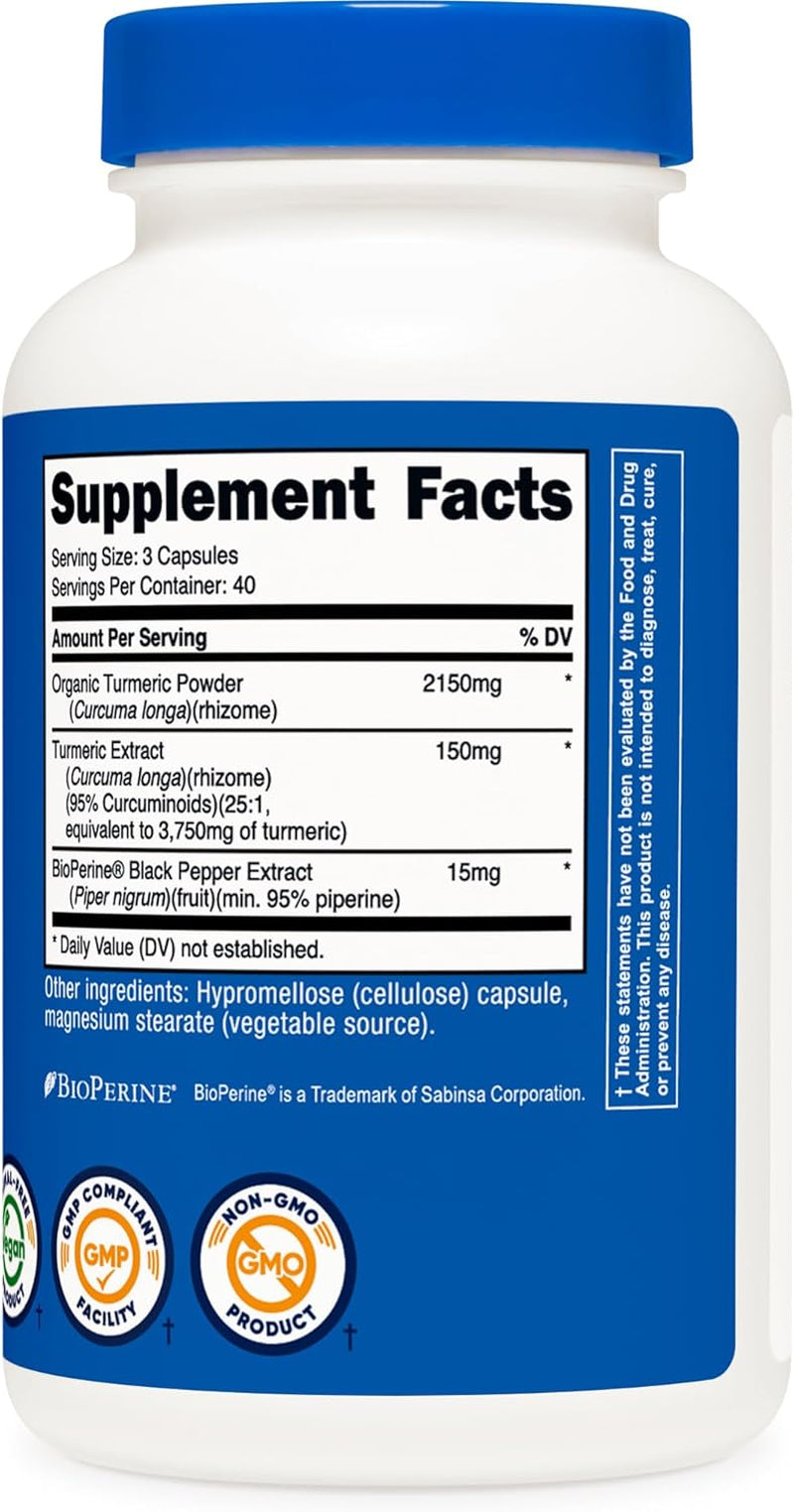 Nutricost Turmeric Curcumin with Bioperine and 95% Curcuminoids, 2300Mg, 120 Capsules, Veggie Capsules, 767Mg per Cap, 40 Servings, Gluten Free, Non-Gmo