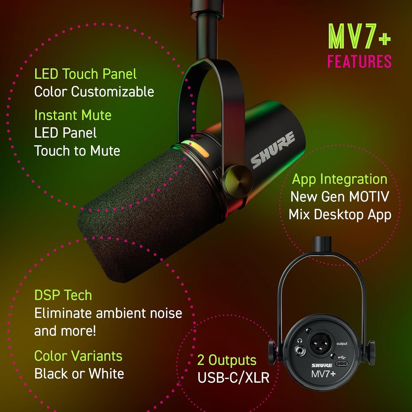 Shure MV7+ Podcast Dynamic Microphone. OBS Certified, Enhanced Audio, LED Touch Panel, USB-C & XLR Outputs, Auto Level Mode, Digital Pop Filter, Reverb Effects, Podcasting, Streaming, Recording -Black