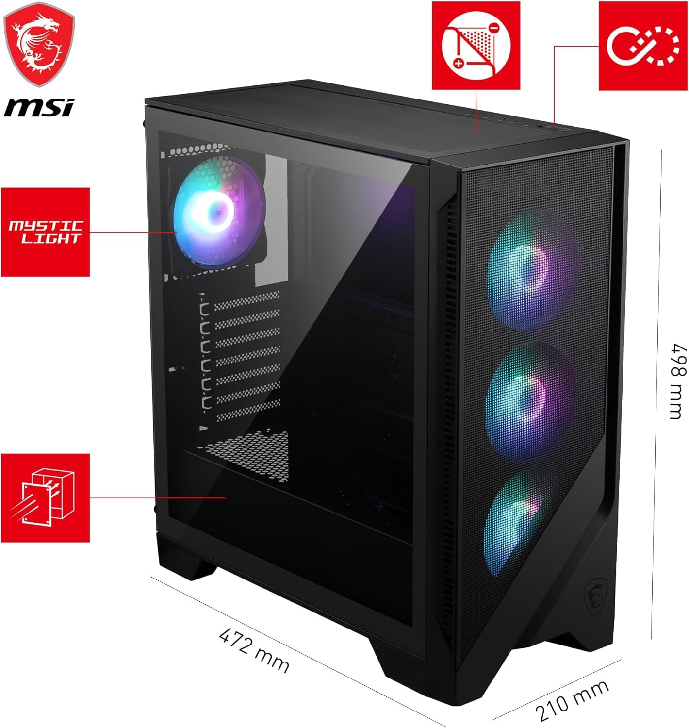 MSI MAG Forge 321R Airflow - Premium Mid-Tower Gaming PC Case - Tempered Glass Side Panel - ARGB 120Mm Fans - Liquid Cooling Support up to 360Mm Radiator - Vented Front Panel